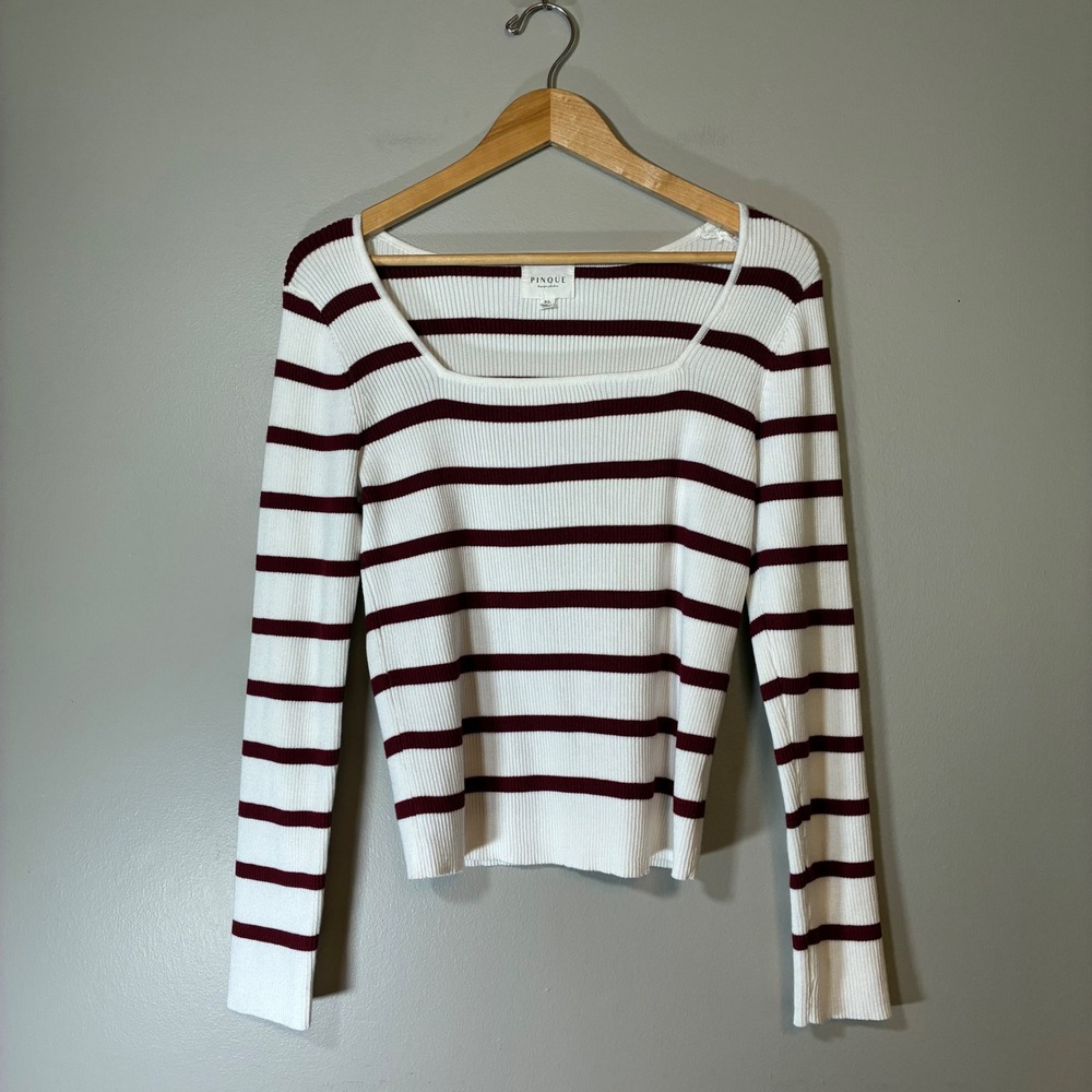 Pinque Design Studio Ribbed Striped Square Neck Sweater White Burgundy XL